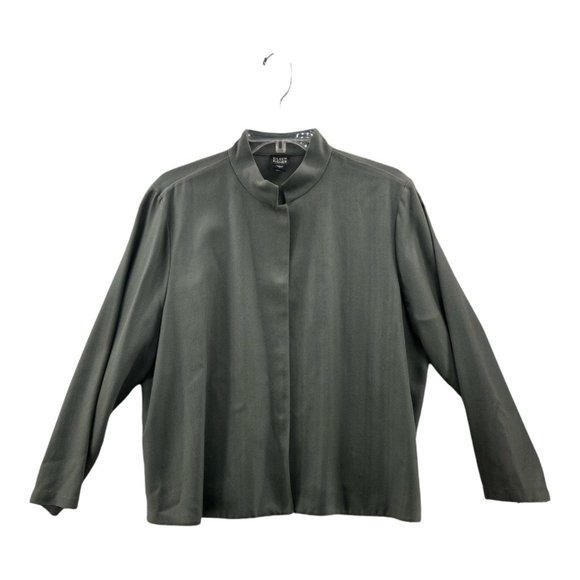Eileen Fisher Womens Jacket Coat Gray Herringbone Buttons Slit 100% Silk L - Picture 1 of 8
